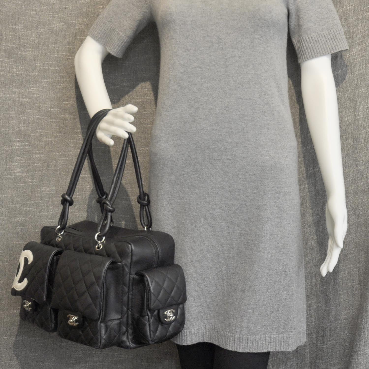 Chanel Calfskin Quilted Large Cambon Multipocket Reporter Black White 3 of 15
