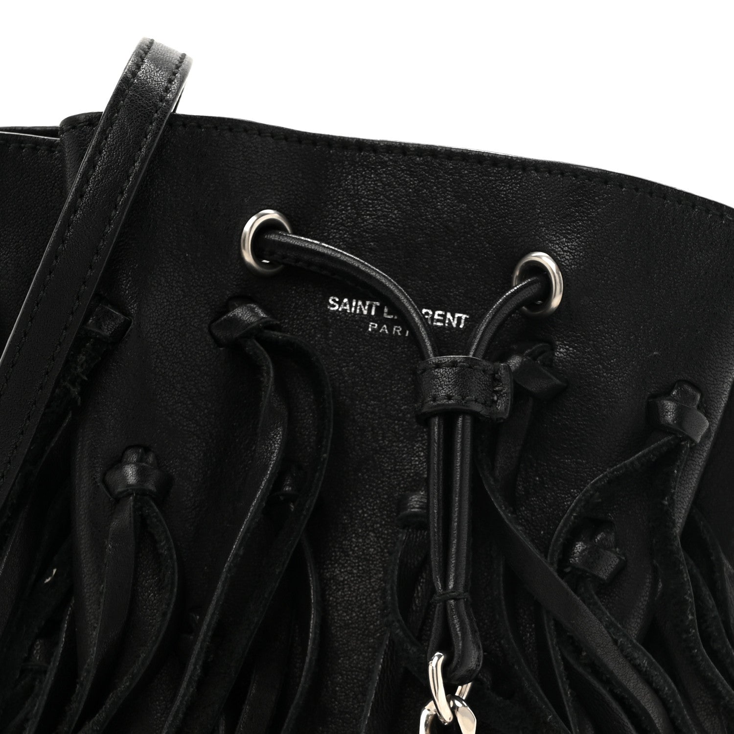 Saint Laurent Calfskin Fringe Monogram Mini Bourse Bucket Bag Black 8 of 11