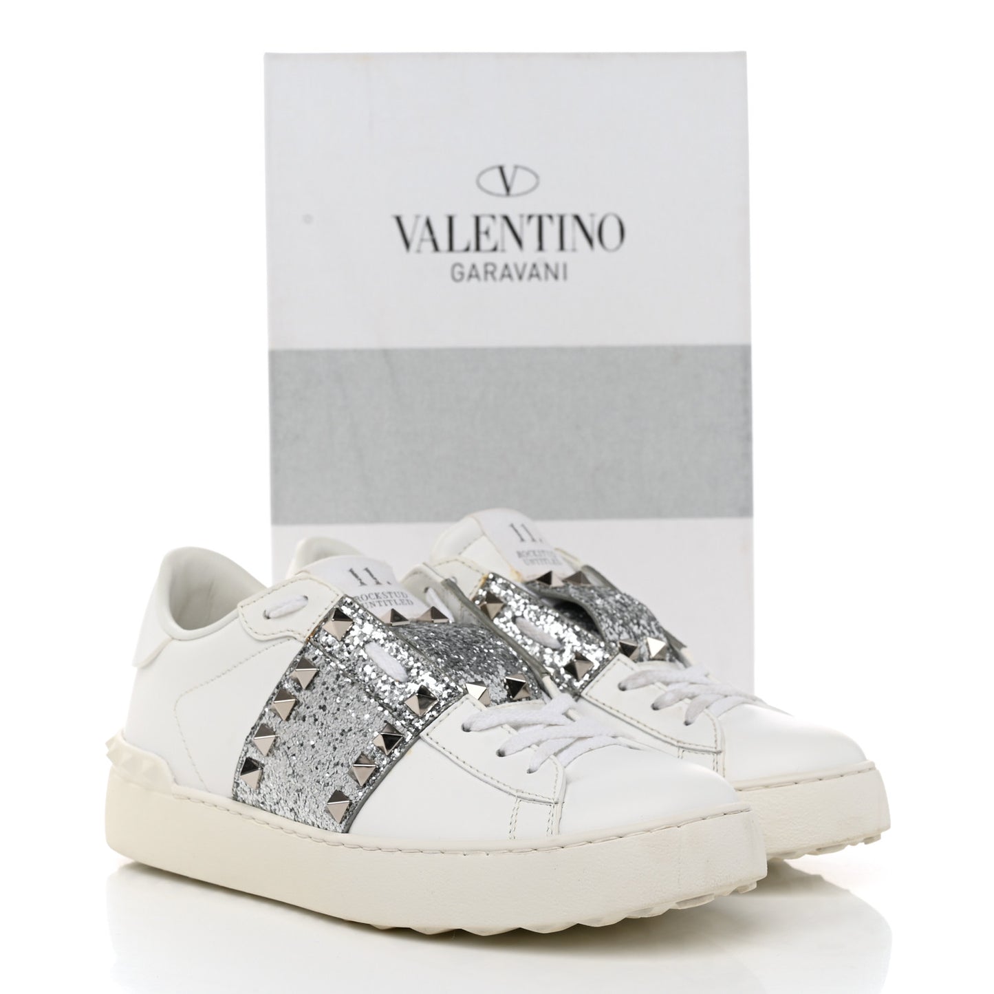 Calfskin Glitter Rockstud Open Sneakers 37 White Silver