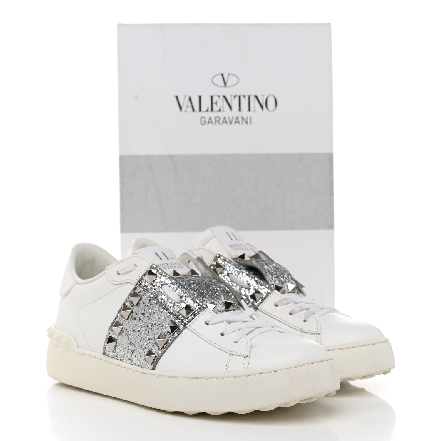 Valentino Garavani Calfskin Glitter Rockstud Open Sneakers 37 White Silver 9 of 9
