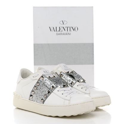 Valentino Garavani Calfskin Glitter Rockstud Open Sneakers 37 White Silver 9 of 9