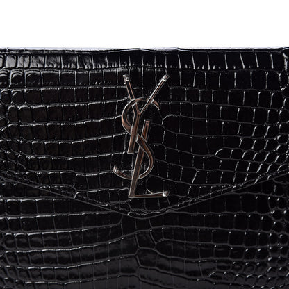 Saint Laurent Calfskin Crocodile Embossed Uptown Monogram Clutch Black 9 of 9