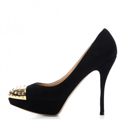 Valentino Garavani Suede Rockstud Cap Toe Platform Pumps 39.5 Black Gold 1 of 8