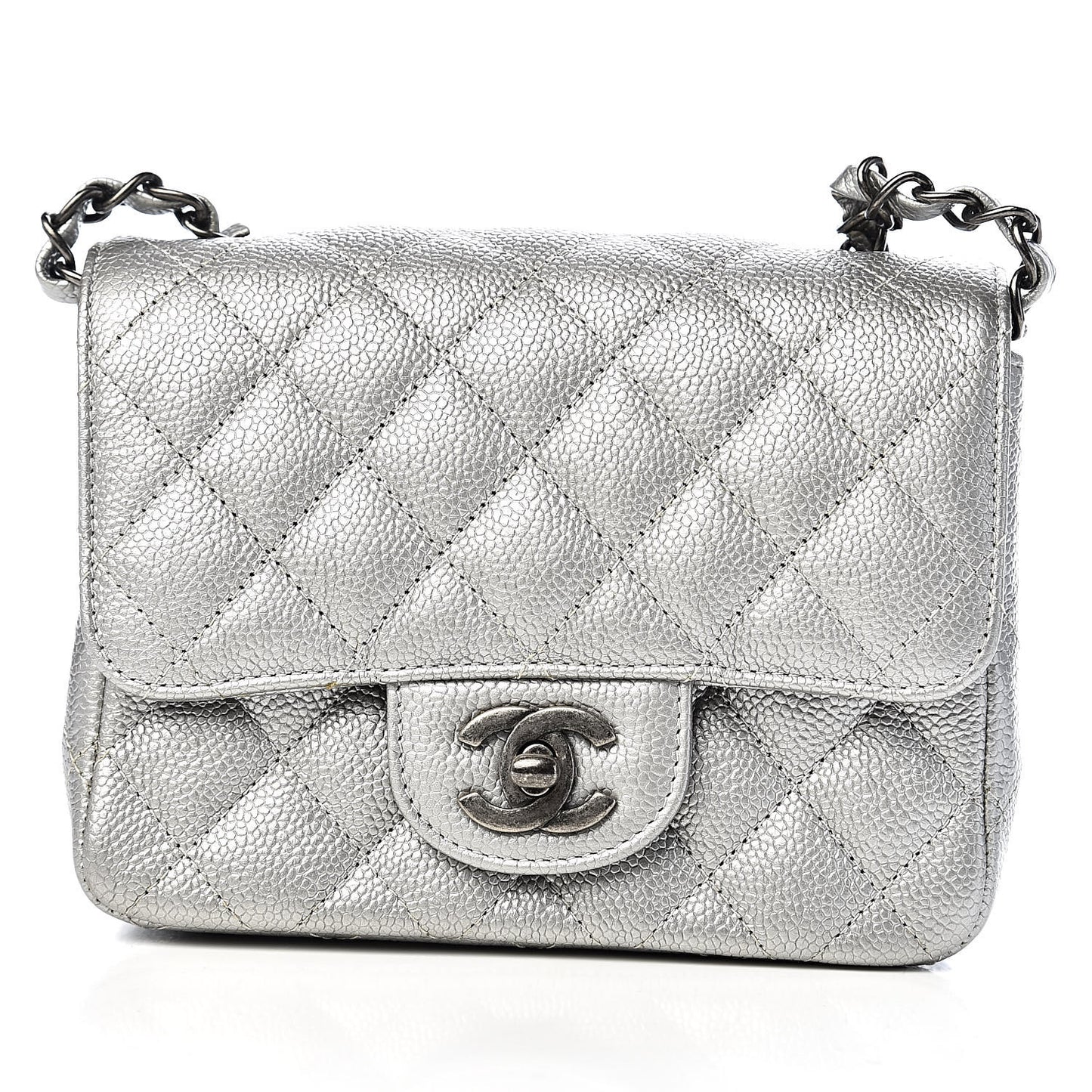Metallic Caviar Quilted Mini Square Flap Silver