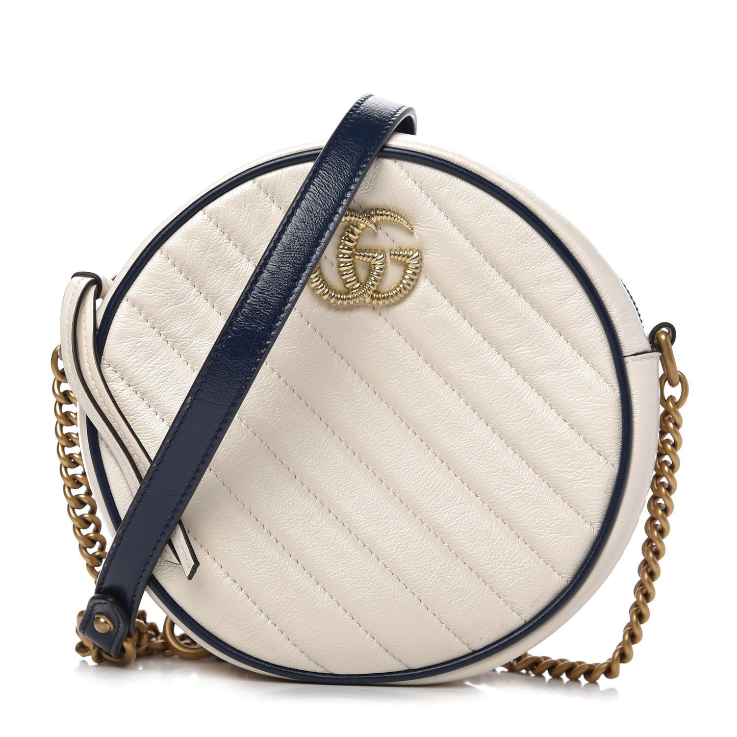 Azalea Calfskin Matelasse Diagonal Mini Torchon GG Marmont Round Shoulder Bag Mystic White Blue Agata
