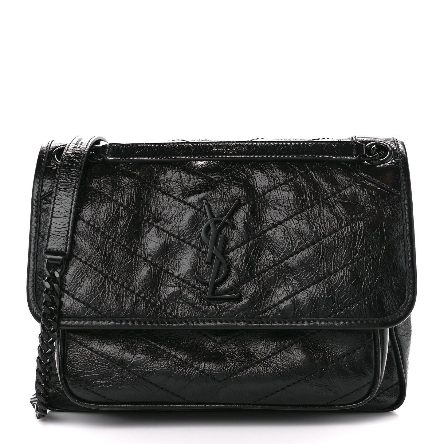 Crinkled Calfskin Matelasse Monogram Medium Niki Chain Satchel Black