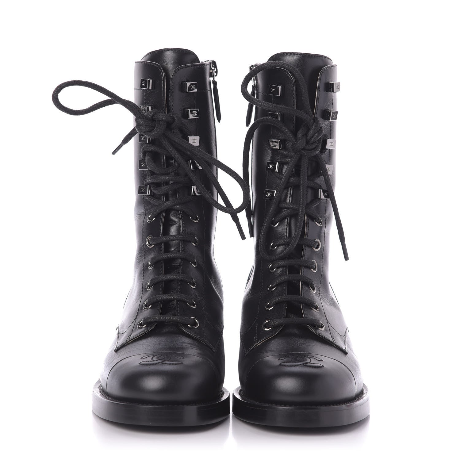 Chanel Calfskin Lace Up Combat Boots 37.5 Black 4 of 8