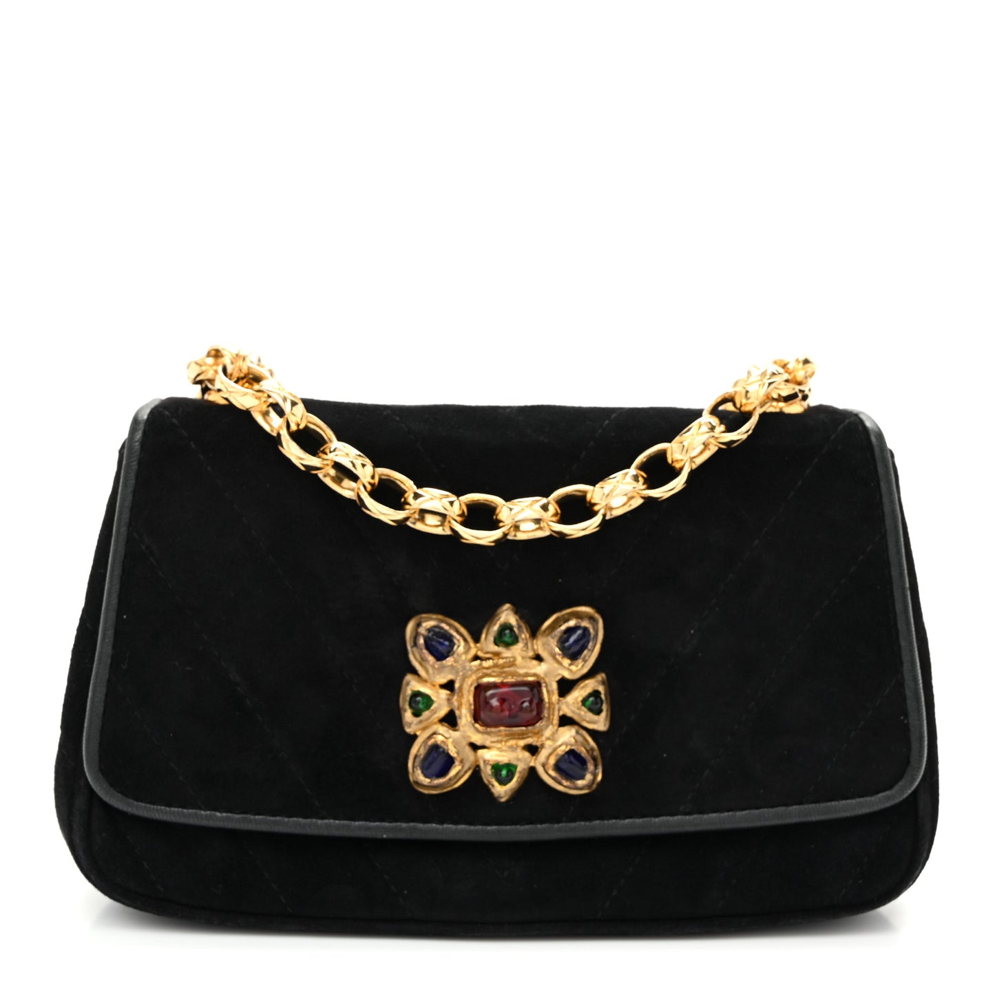 Suede Chevron Gripoix Quilted Flap Black