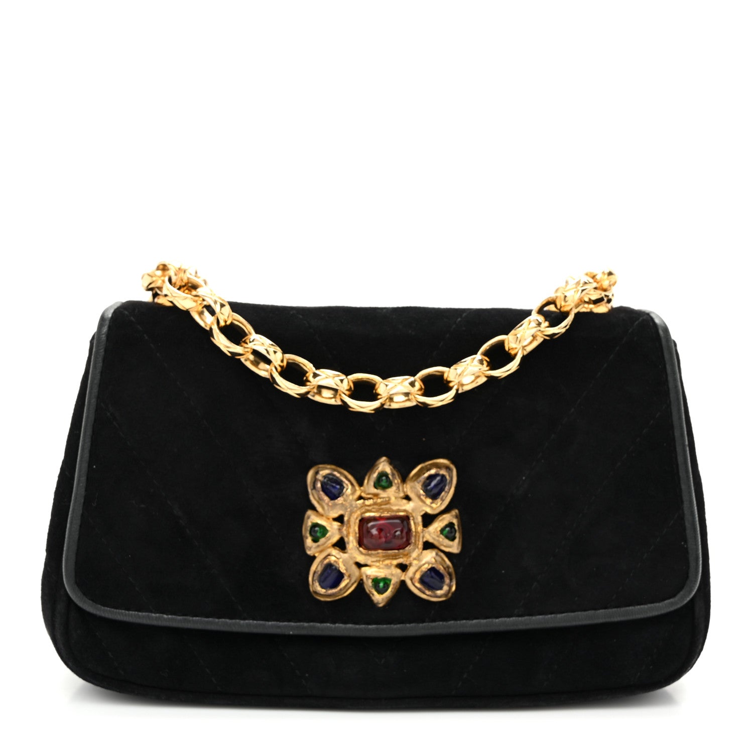 Chanel Suede Chevron Gripoix Quilted Flap Black 1 of 10
