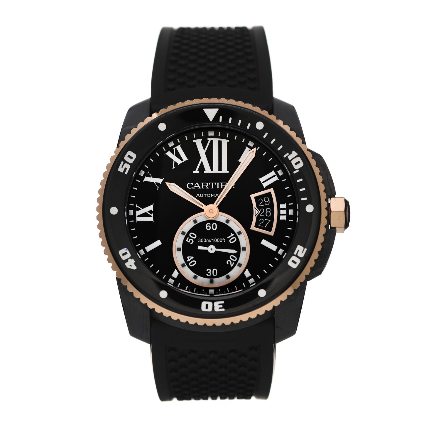 ADLC Stainless Steel 18K Pink Gold Rubber 42mm Calibre de Cartier Diver Automatic Watch Black