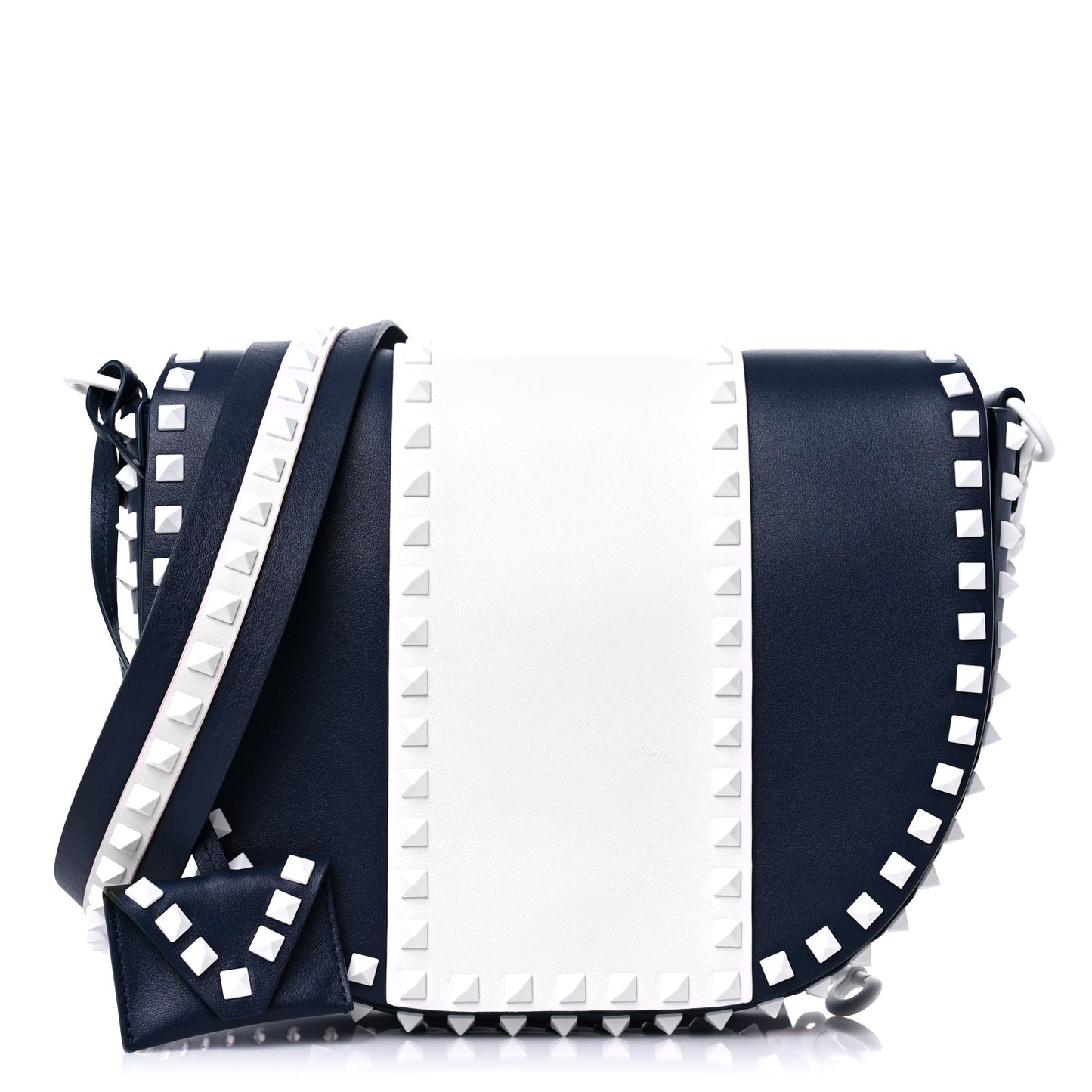 Vitello Colorblock Large Free Rockstud Halfmoon Saddle Bag Marine White