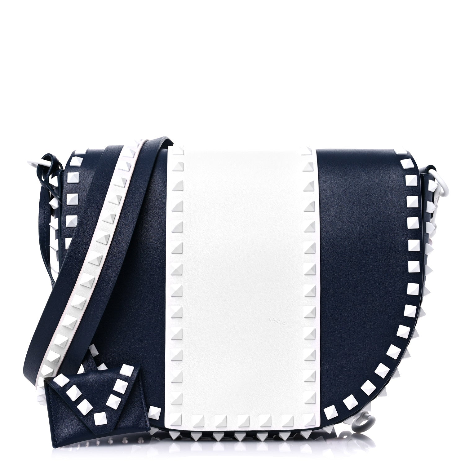 Valentino Garavani Vitello Colorblock Large Free Rockstud Halfmoon Saddle Bag Marine White 1 of 12