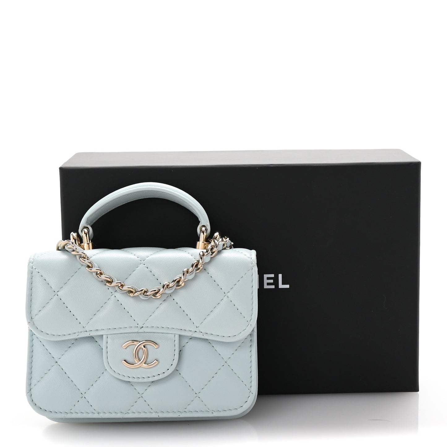 Lambskin Quilted Top Handle Flap Clutch With Chain Light Blue