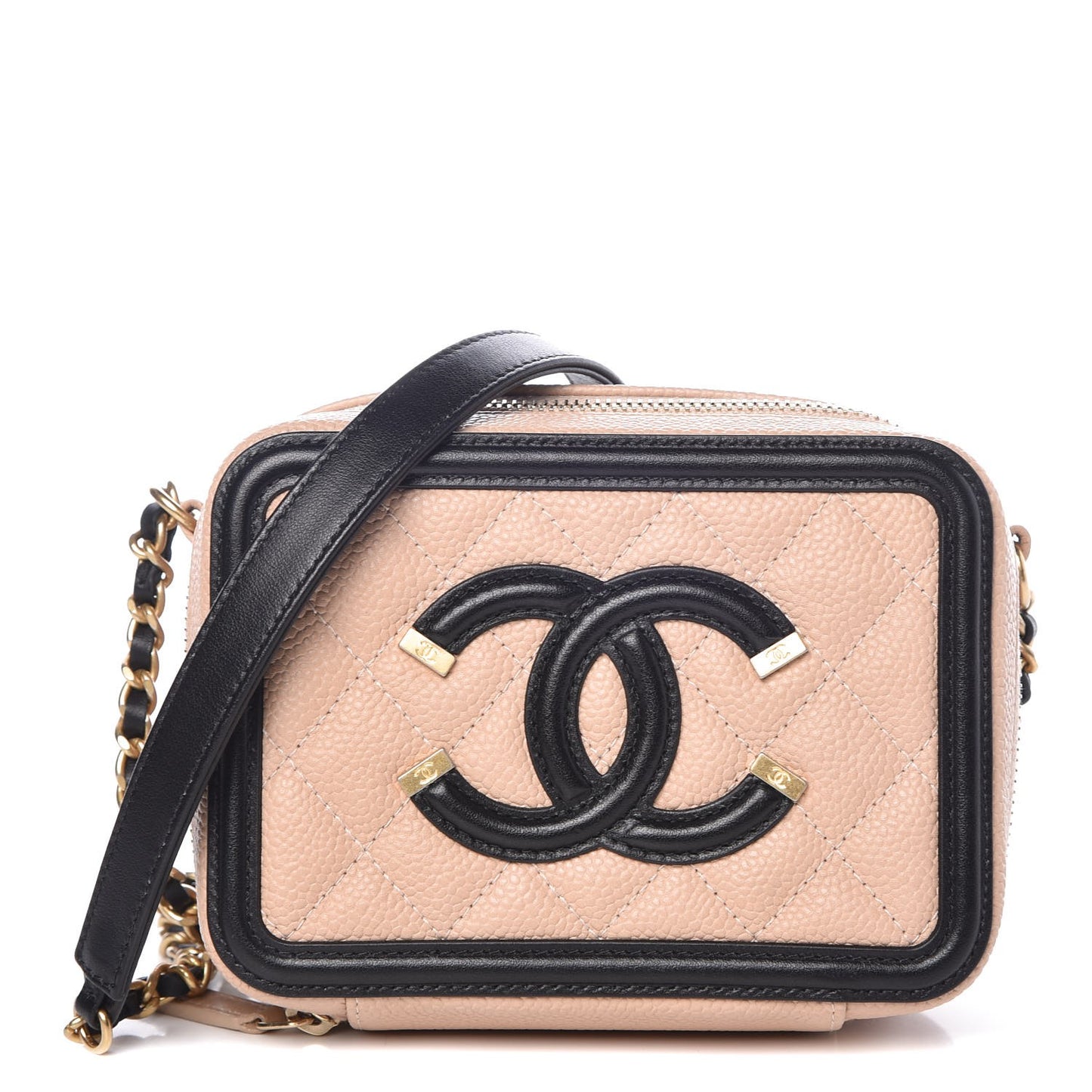 Caviar Quilted CC Filigree Vanity Clutch With Chain Beige Black