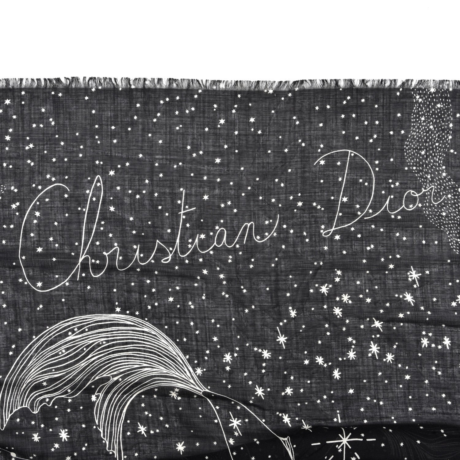 Christian Dior Wool Silk Les Poissons Astrological Constellation Scarf Stole Black 2 of 5