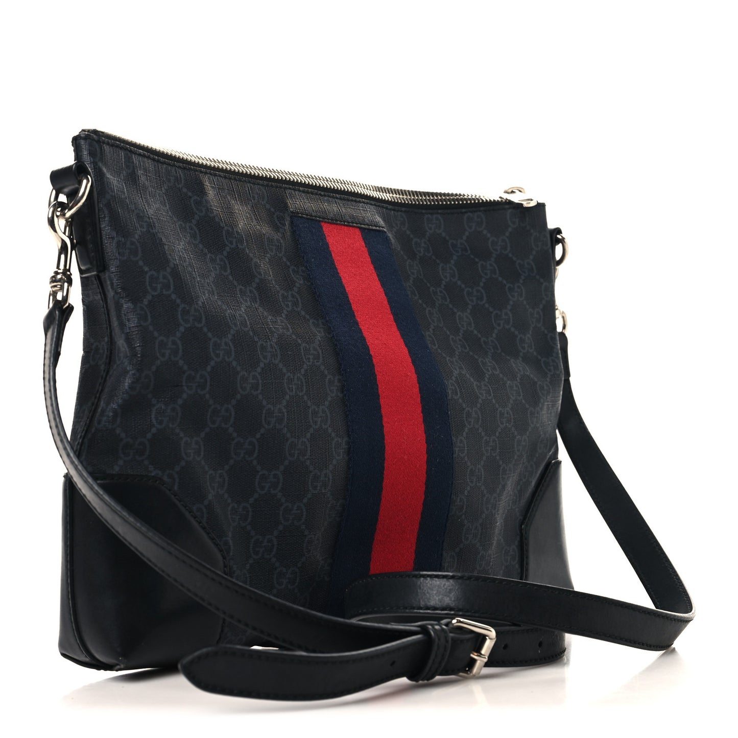 Soft GG Supreme Monogram Appia Calfskin Web East West Messenger Bag Black Grey