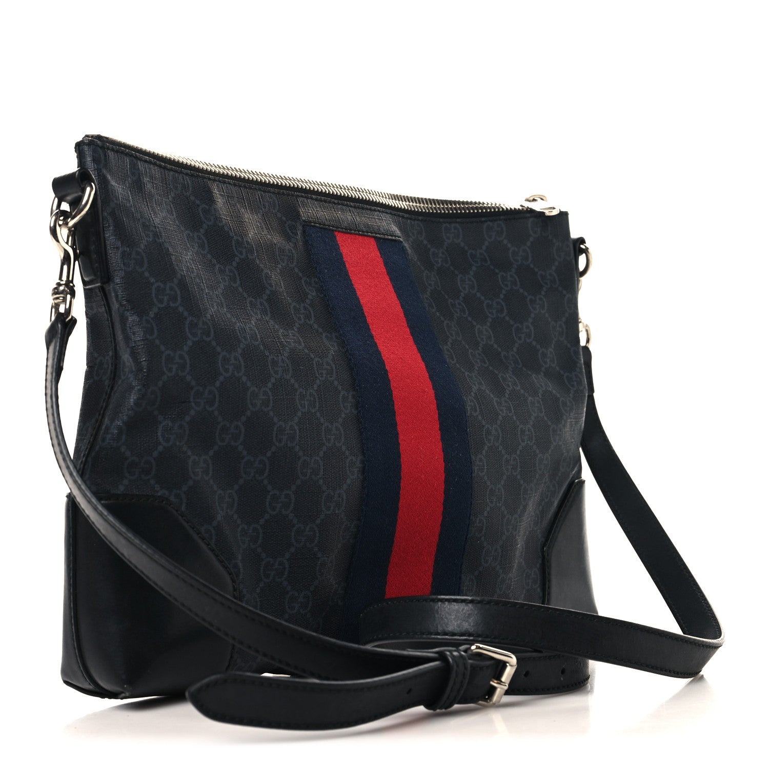 Gucci Soft GG Supreme Monogram Appia Calfskin Web East West Messenger Bag Black Grey 3 of 10