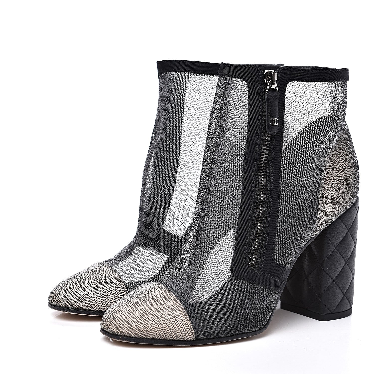 Chanel Mesh Grosgrain Cap Toe Short Boots 38 Grey Black 3 of 9