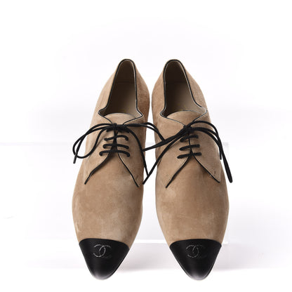 Chanel Suede Calfskin Satin Cap Toe Lace Up Oxfords 38.5 Beige Black 5 of 10