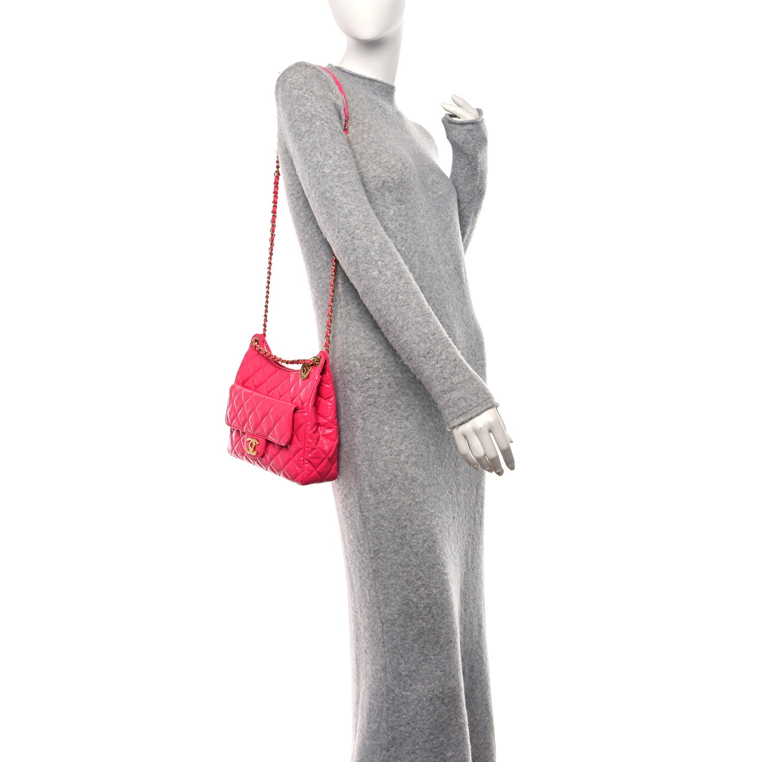 Chanel Shiny Crumpled Calfskin Quilted Wavy CC Hobo Fuchsia 3 of 10