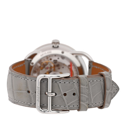 Hermes Stainless Steel Alligator Diamond Bezel Mother of Pearl 38mm Arceau Le Temps Voyageur Automatic Watch Gris Perle 3 of 5
