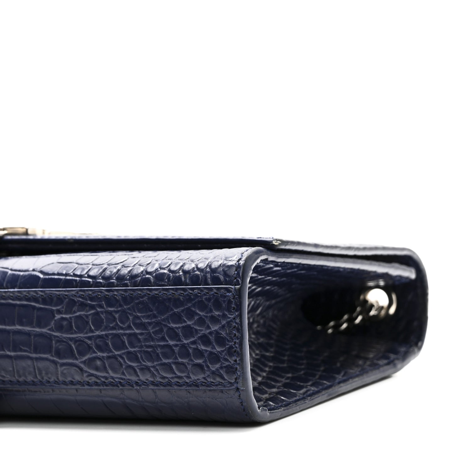 Calfskin Crocodile Embossed Medium Classic Monogram Kate Tassel Satchel Deep Marine
