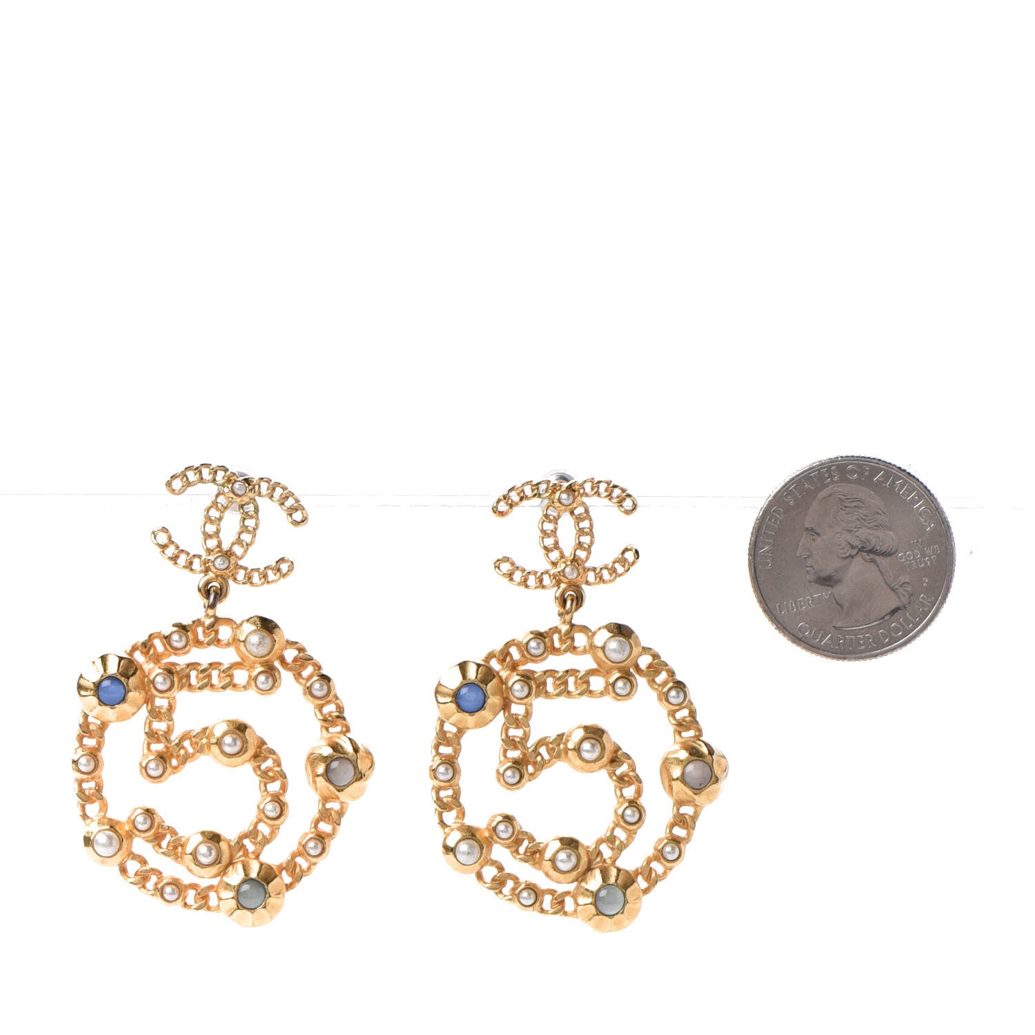 Chanel Pearl Gripoix No 5 CC Chain Drop Earrings Gold 2 of 4