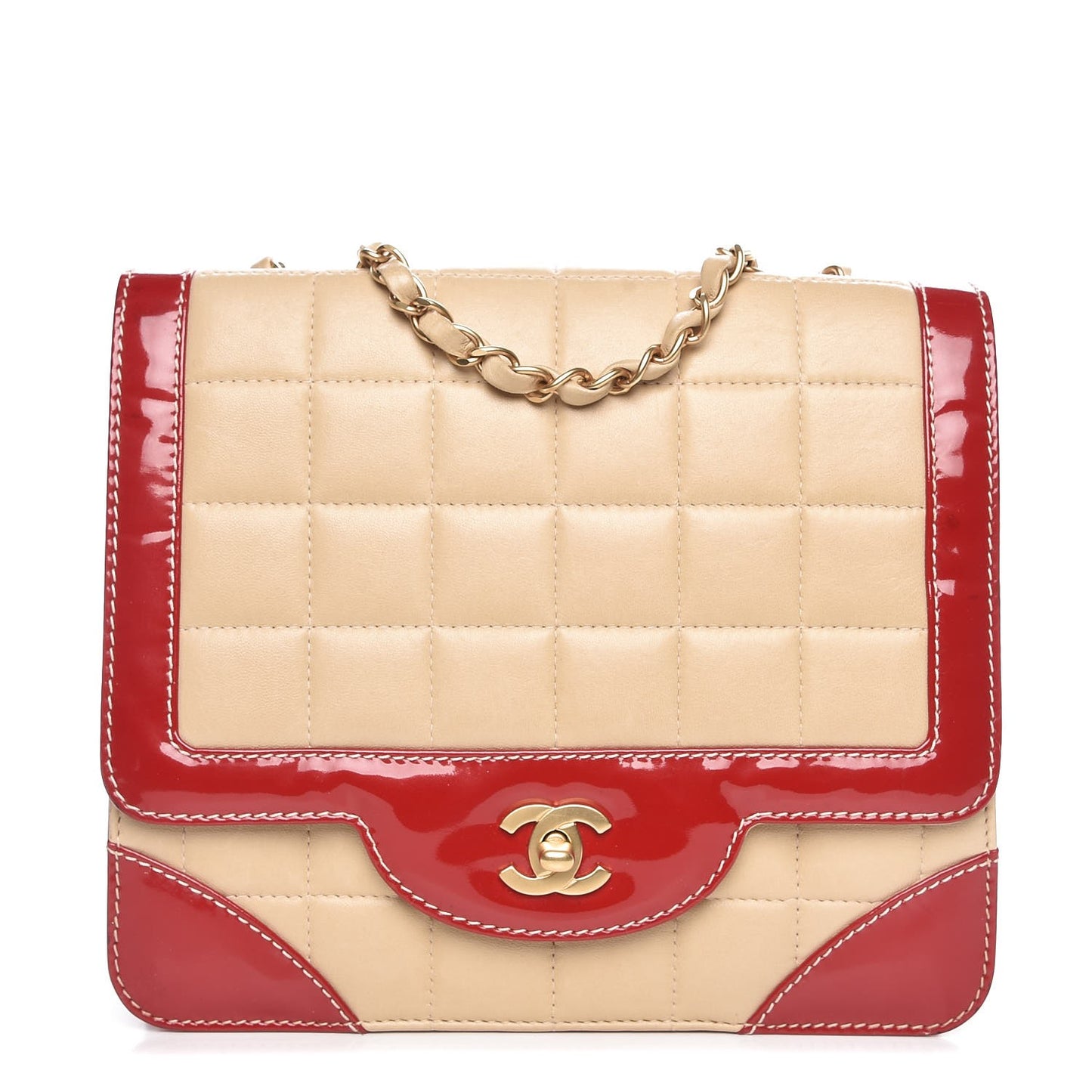 Lambskin Patent Chocolate Bar Flap Beige Red