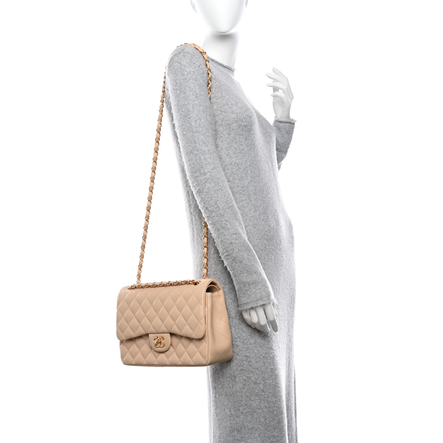 Lambskin Quilted Jumbo Double Flap Beige Clair