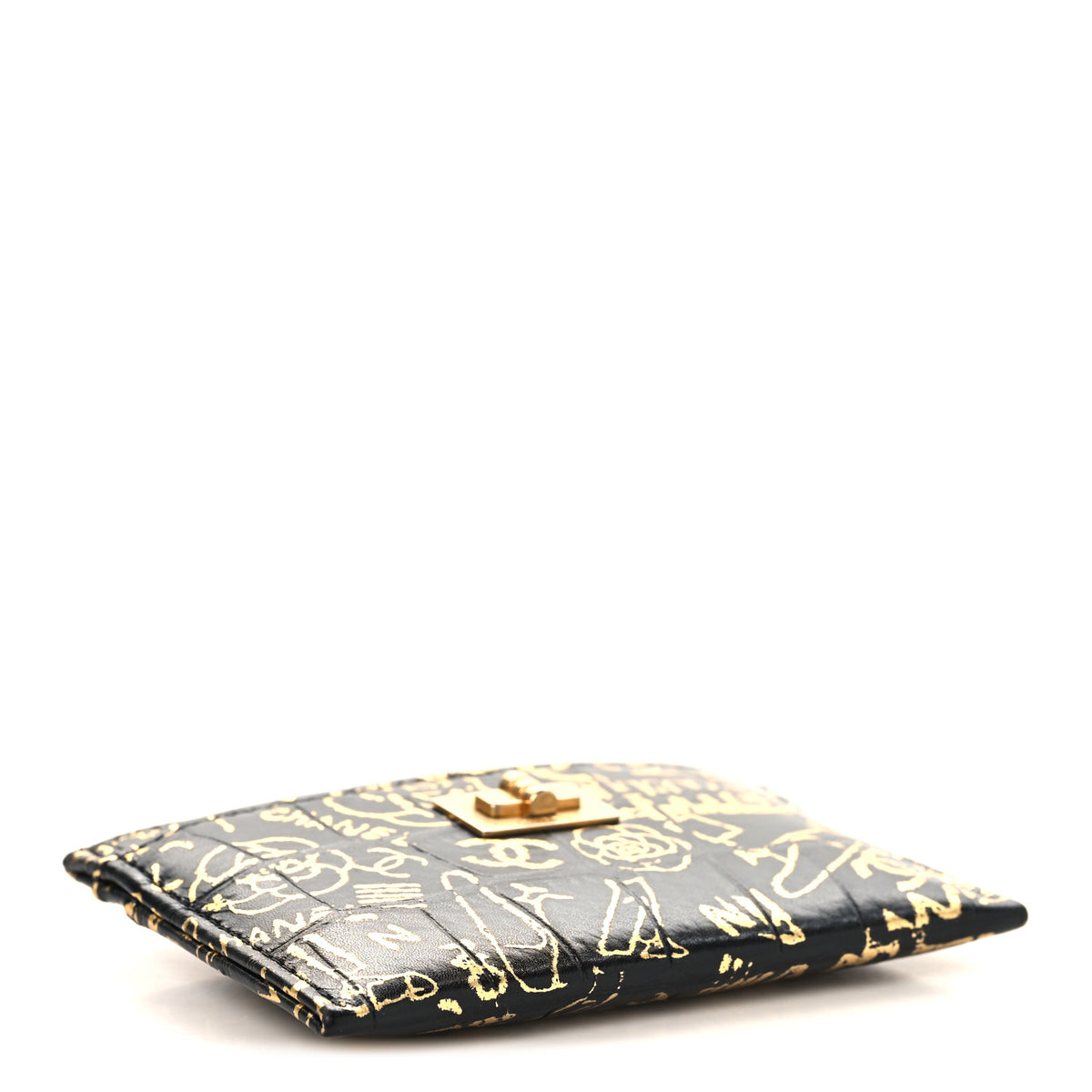 Chanel Calfskin Crocodile Embossed Graffiti 2.55 Cocodile Reissue Card Holder Black Gold 4 of 9