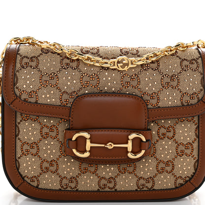 Gucci New Canvas Charisma Calfskin Crystal GG Monogram Mini Horsebit 1955 Shoulder Bag Camel Ebony 8 of 10