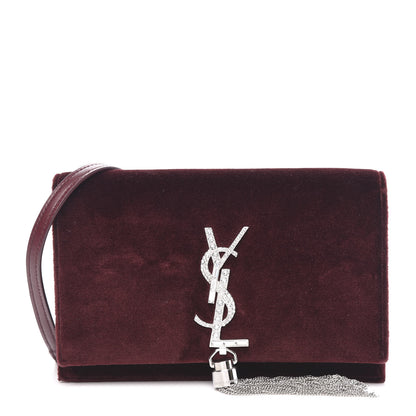 Saint Laurent Velvet Crystal Monogram Kate Tassel Shoulder Bag Burgundy 1 of 9