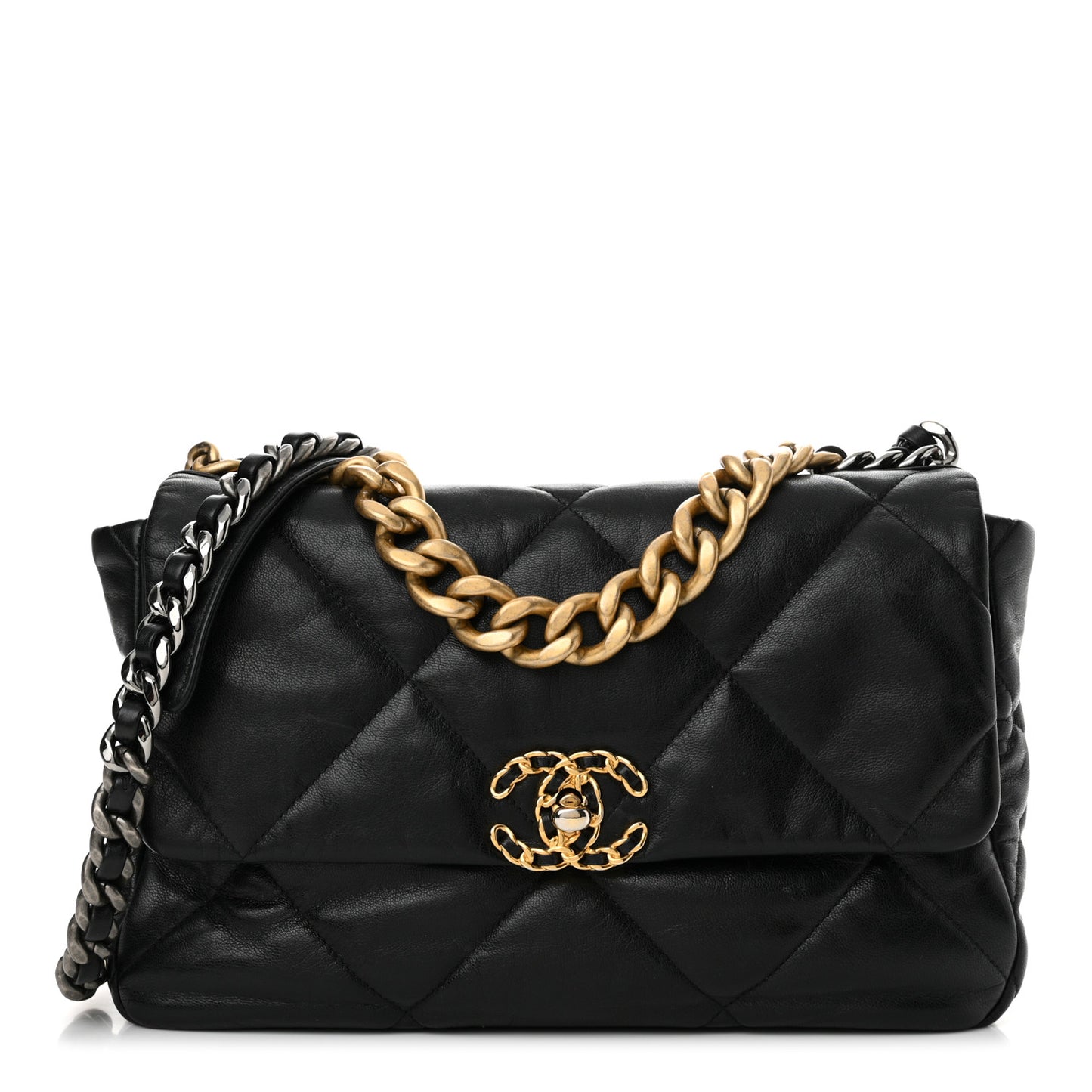 Shiny Goatskin Quilted Large Chanel 19 Flap Black