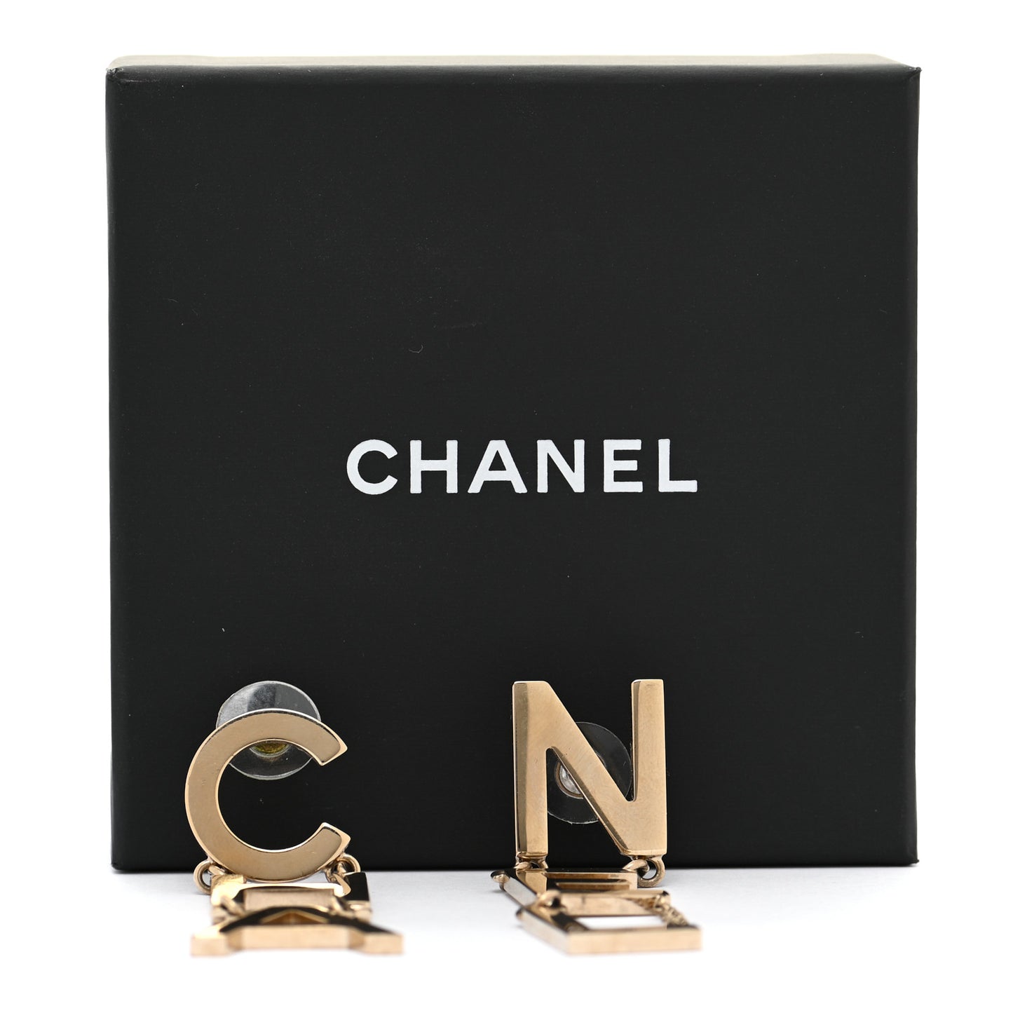 Metal Cha-Nel Logo Drop Earrings Gold