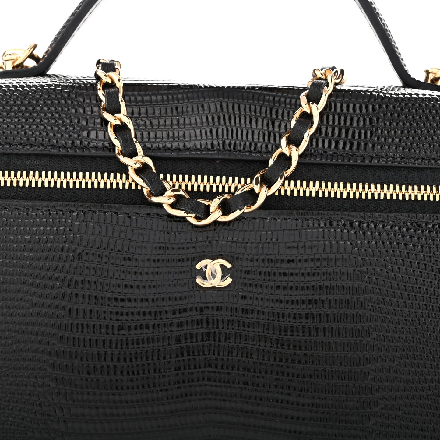 Lizard Embossed Calfskin Top Handle Slim Vanity With Chain Black