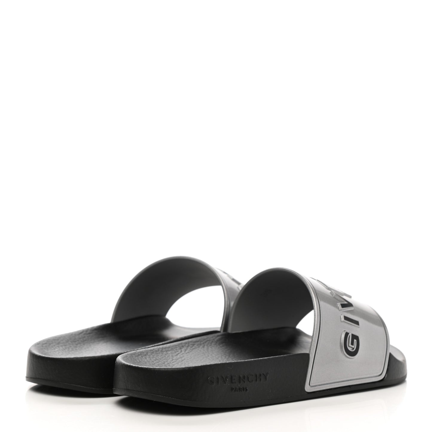 Metallic Rubber Logo Womens Pool Slide Sandals 35 Silver