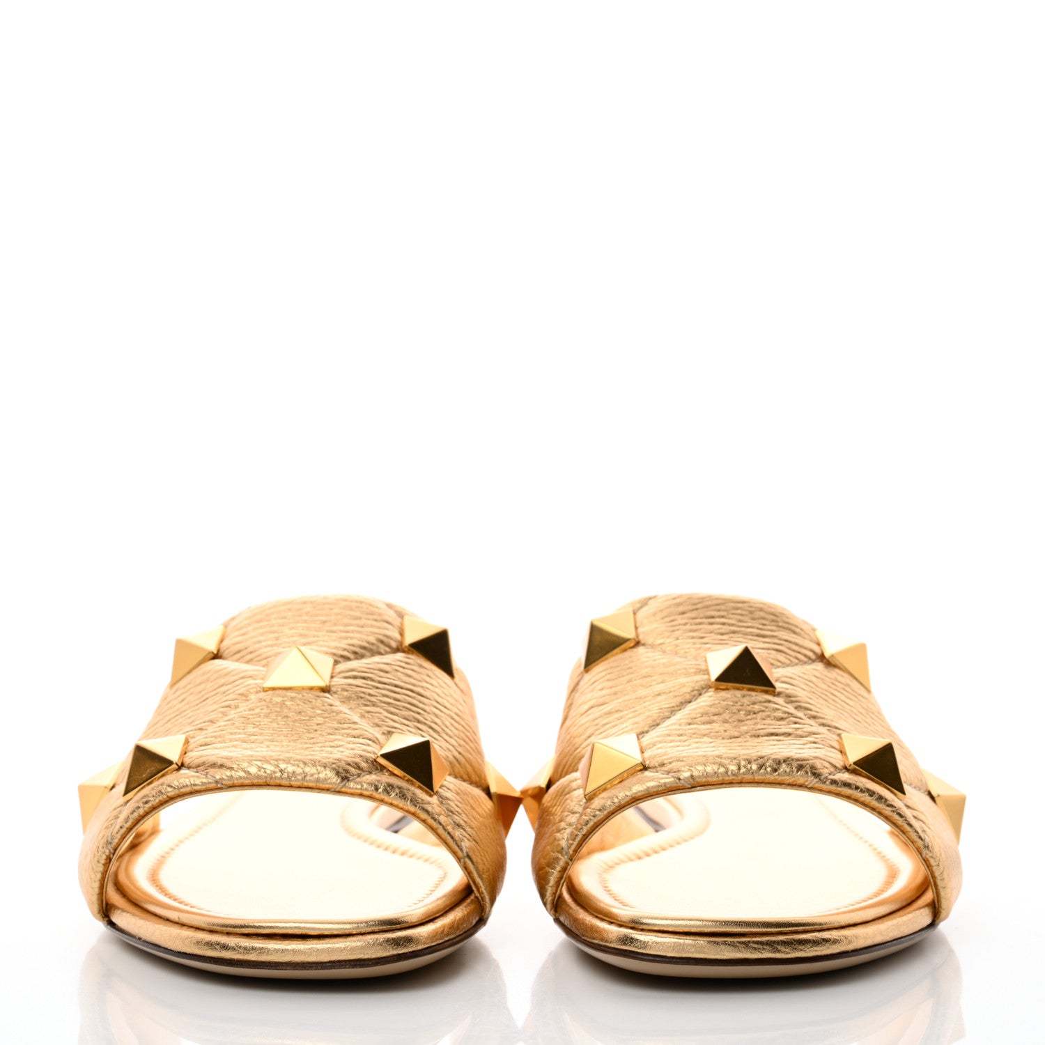 Valentino Garavani Metallic Pebbled Calfskin Roman Stud Flat Slide Sandals 39 Antique Brass 2 of 9