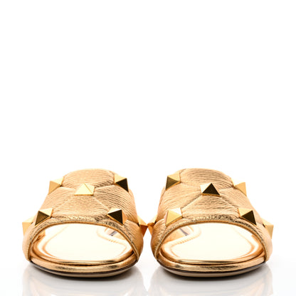 Valentino Garavani Metallic Pebbled Calfskin Roman Stud Flat Slide Sandals 39 Antique Brass 2 of 9