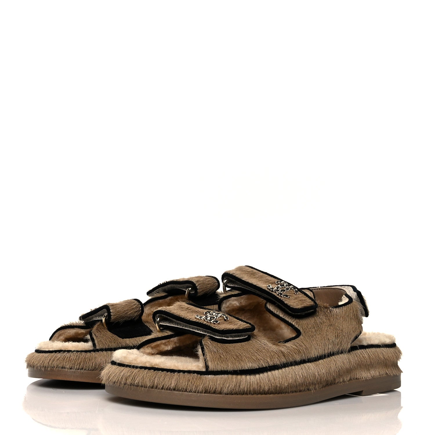 Chanel Calf Hair Suede Shearling Dad Sandals 38 Beige 3 of 7