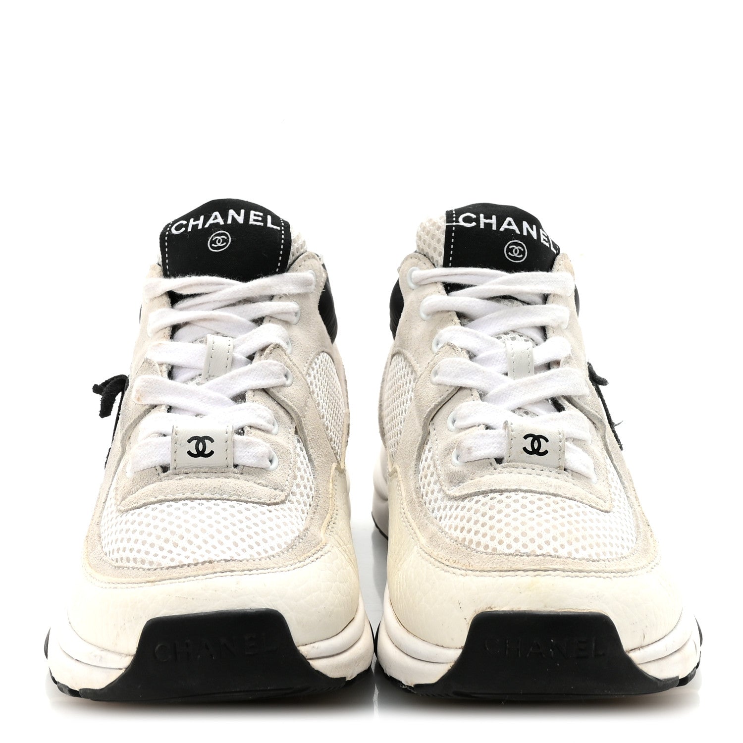 Chanel Mesh Suede Calfskin Grained Calfskin Womens CC Sneakers 36 White Black 3 of 9