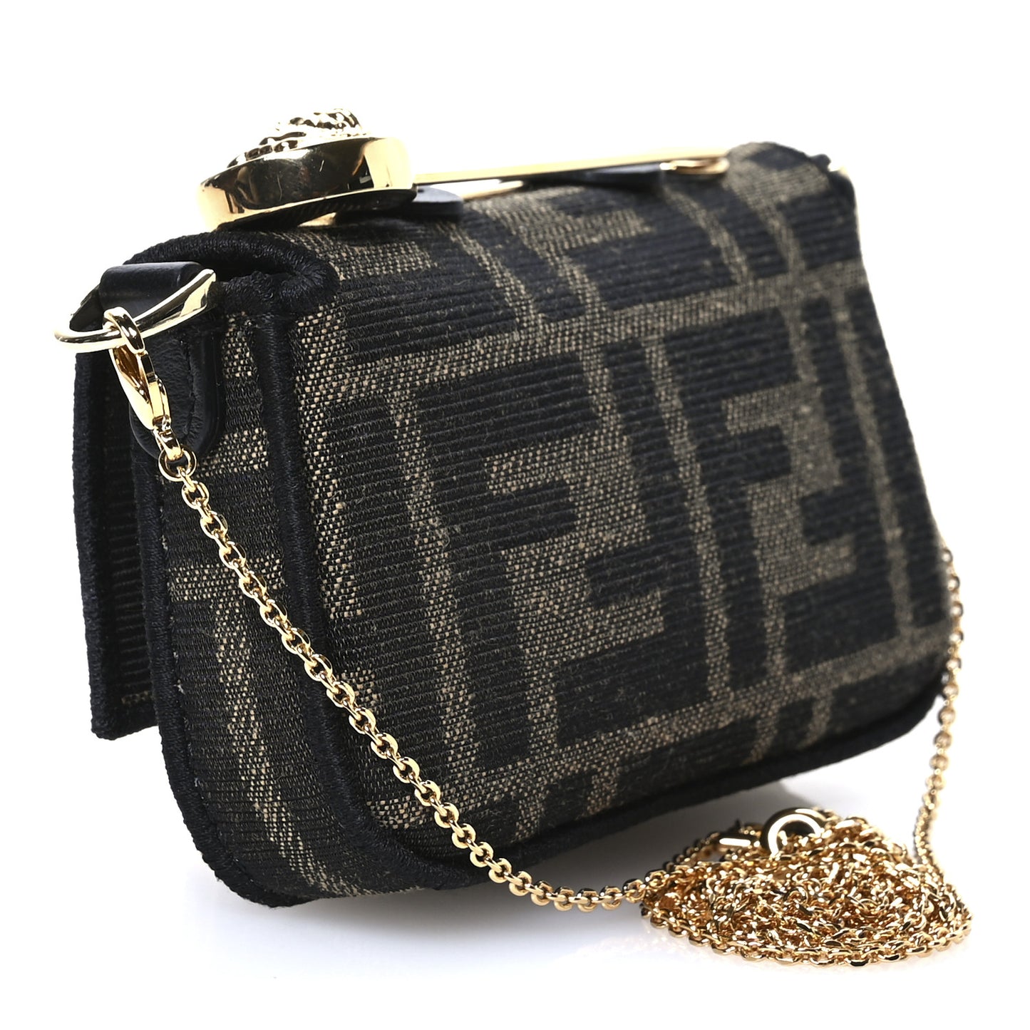 X VERSACE Fabric Jacquard Fendace FF Nano Brooch Baguette Tobacco Black