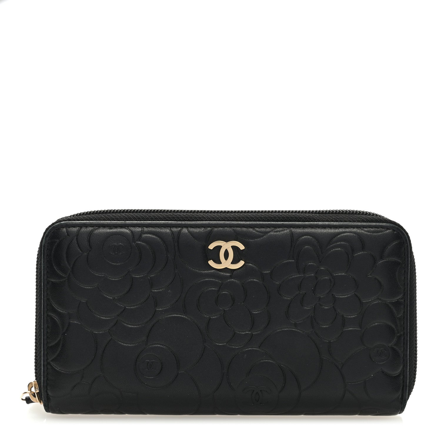Chanel Lambskin Camellia Embossed Large Zip Around Gusset Wallet Black 1 of 7