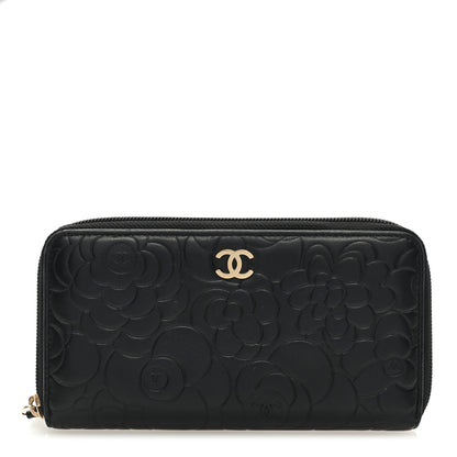 Chanel Lambskin Camellia Embossed Large Zip Around Gusset Wallet Black 1 of 7