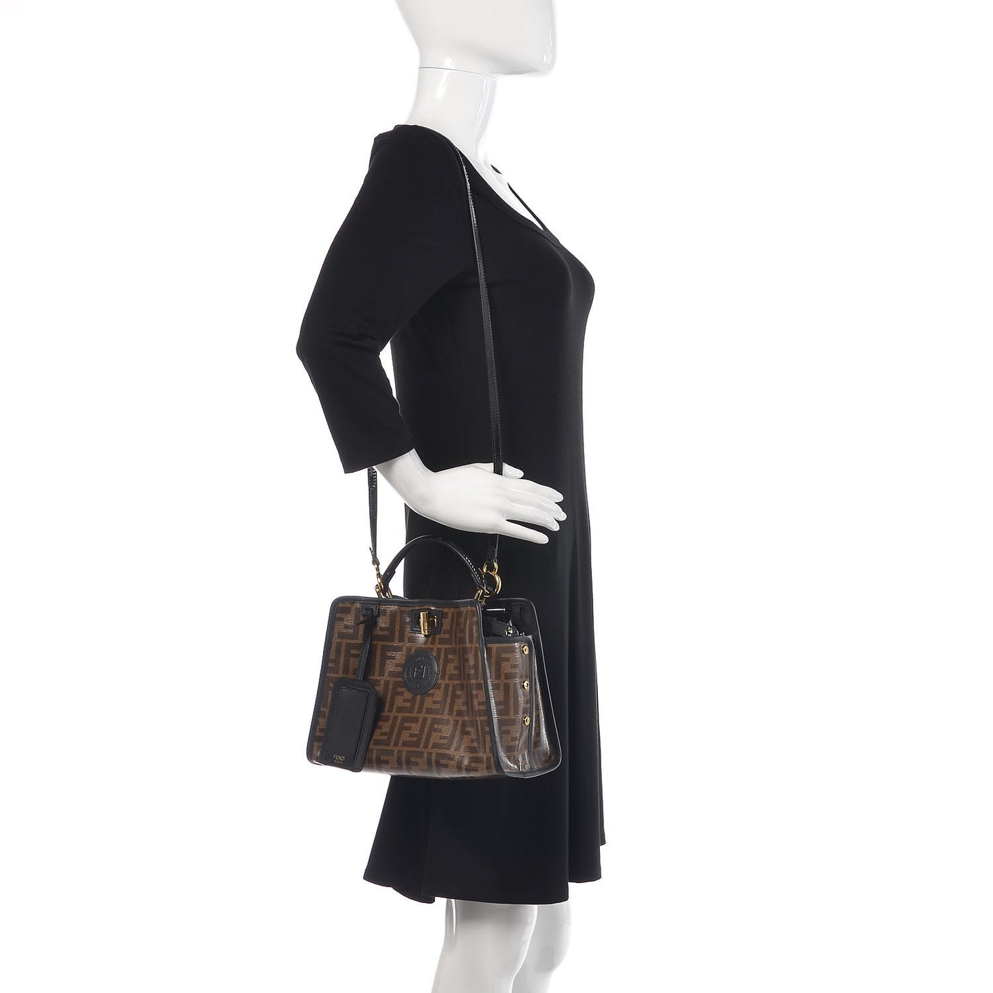 Patent Glazed Fabric Vitello Century FF 1974 Stamp Patch Mini Peekaboo Iconic Satchel with FF Defender Cover Black Mogano Panna