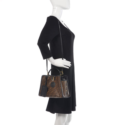Fendi Patent Glazed Fabric Vitello Century FF 1974 Stamp Patch Mini Peekaboo Iconic Satchel with FF Defender Cover Black Mogano Panna 2 of 9
