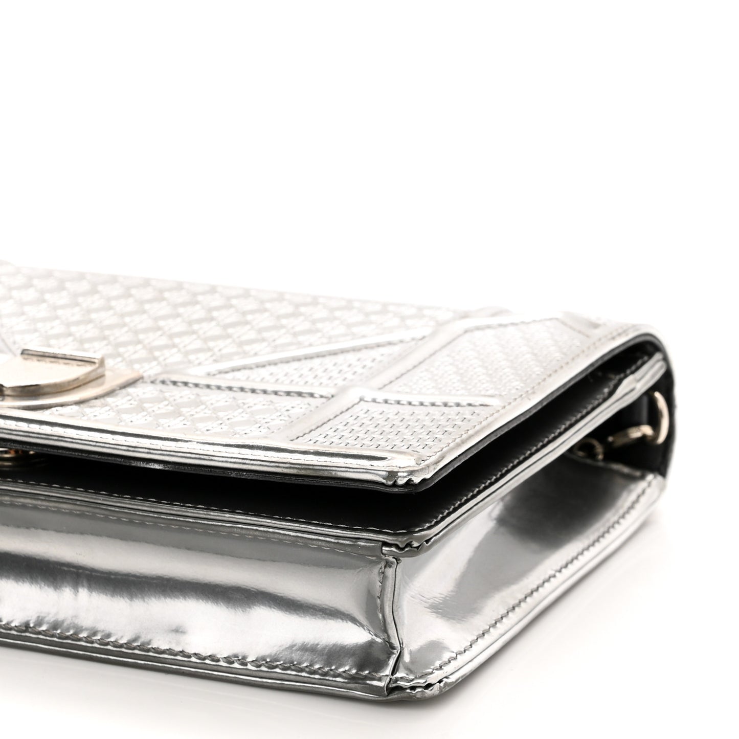 Metallic Patent Micro-Cannage Diorama Wallet on Chain Pouch Silver