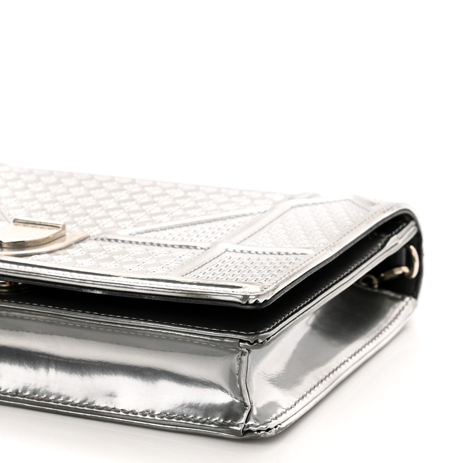 Christian Dior Metallic Patent Micro-Cannage Diorama Wallet on Chain Pouch Silver 9 of 11