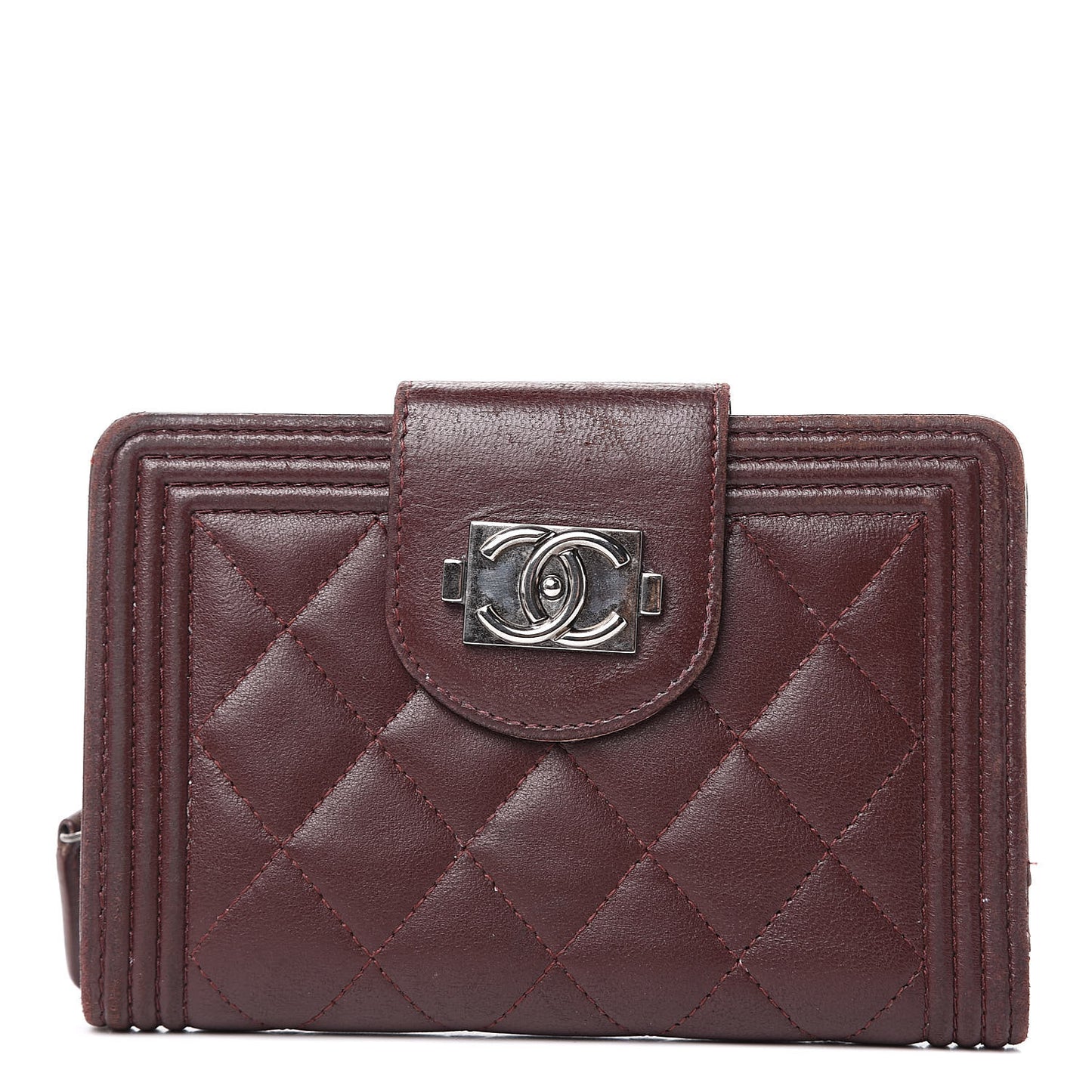 Lambskin Quilted Boy Zipped Pocket Wallet Burgundy