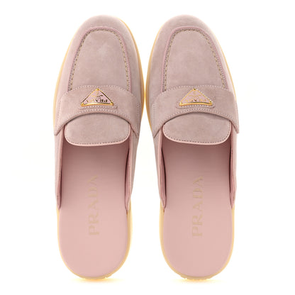 Prada Suede Scamosciato Triangle Logo Mules 37.5 Alabastro 2 of 10