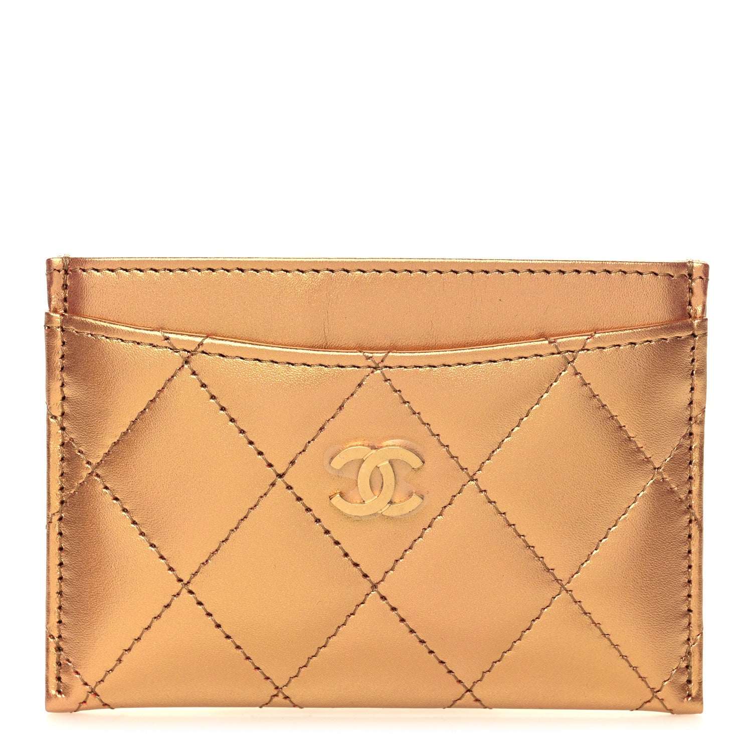 Chanel Metallic Lambskin Quilted CC Card Holder Golden 1 of 10